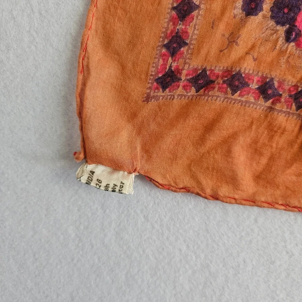 Vintage Floral Paisley Square Scarf Terracotta Orange Pink Purple Made in India‎